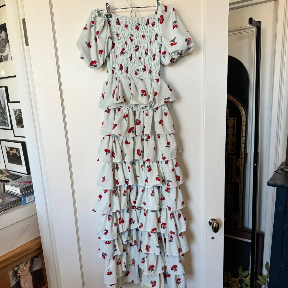 Smocked Cherry Print Maxi Dress - Light Mint/Red